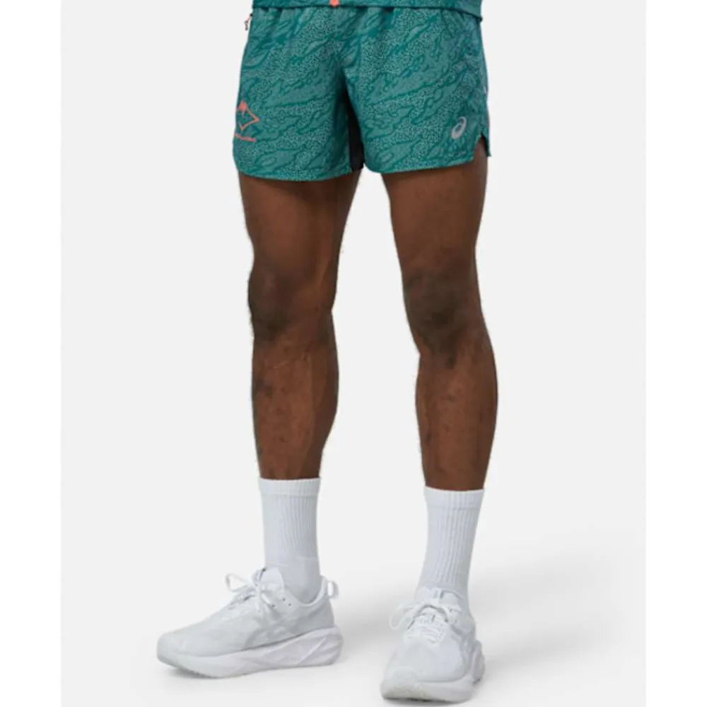 New Asics Mens FujiTrail 5Inch Print Short Green
